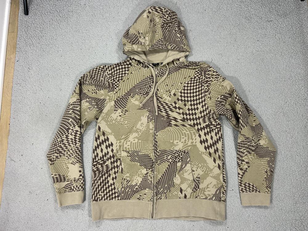 Y2K Oakley Hoodie Mens Large Beige Full Zip Geometric Allover Print Sweatshirt